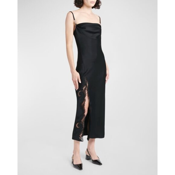Versace Satin Lace-Embroidered black Midi Slip Dress Size 40/ US 4 - Picture 4 of 15